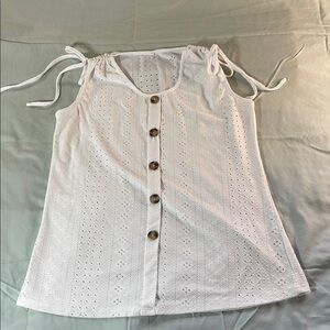 White Eyelet Faux Button-Down Sleeveless Top